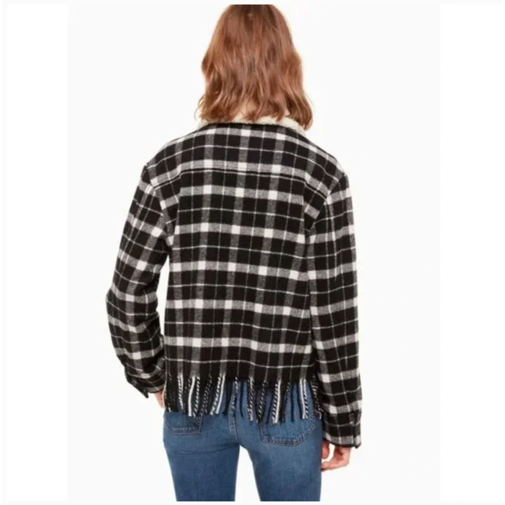 Kate Spade Wool Plaid Jacket XS Full Zip Fringe Sherpa Black White Western
